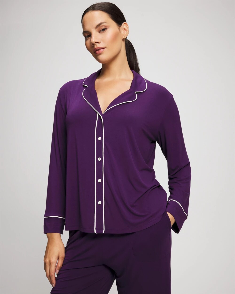 Long Sleeve Notch Collar w/ Piped Placket Pajama Top - BLACKBERRY | Soma Online
