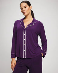 Long Sleeve Notch Collar w/ Piped Placket Pajama Top - BLACKBERRY | Soma Online