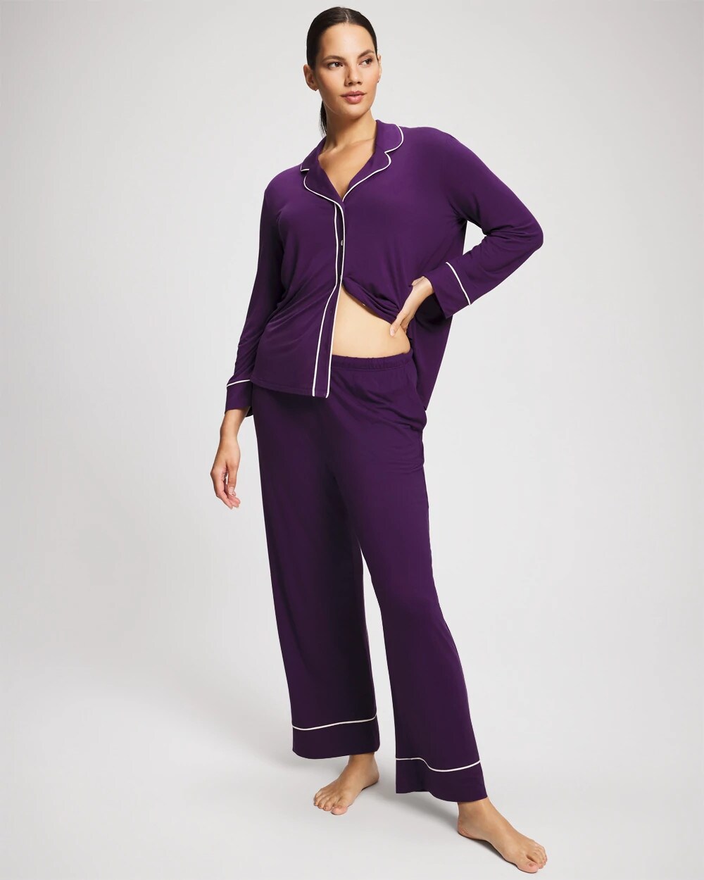 Long Sleeve Notch Collar w/ Piped Placket Pajama Top - BLACKBERRY | Soma Online