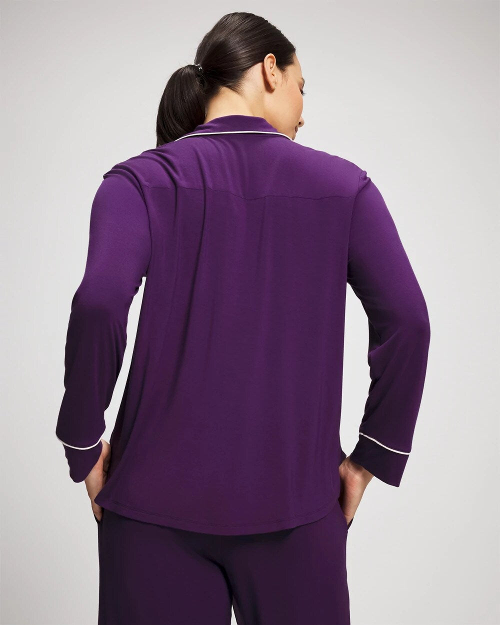 Long Sleeve Notch Collar w/ Piped Placket Pajama Top - BLACKBERRY | Soma Online