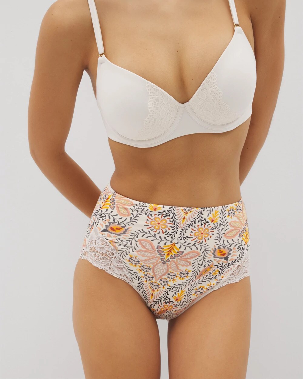 Tummy High-Waist Brief Panty with Lace - VINE PAISLEY CHAMPAGNE M | Soma on sale