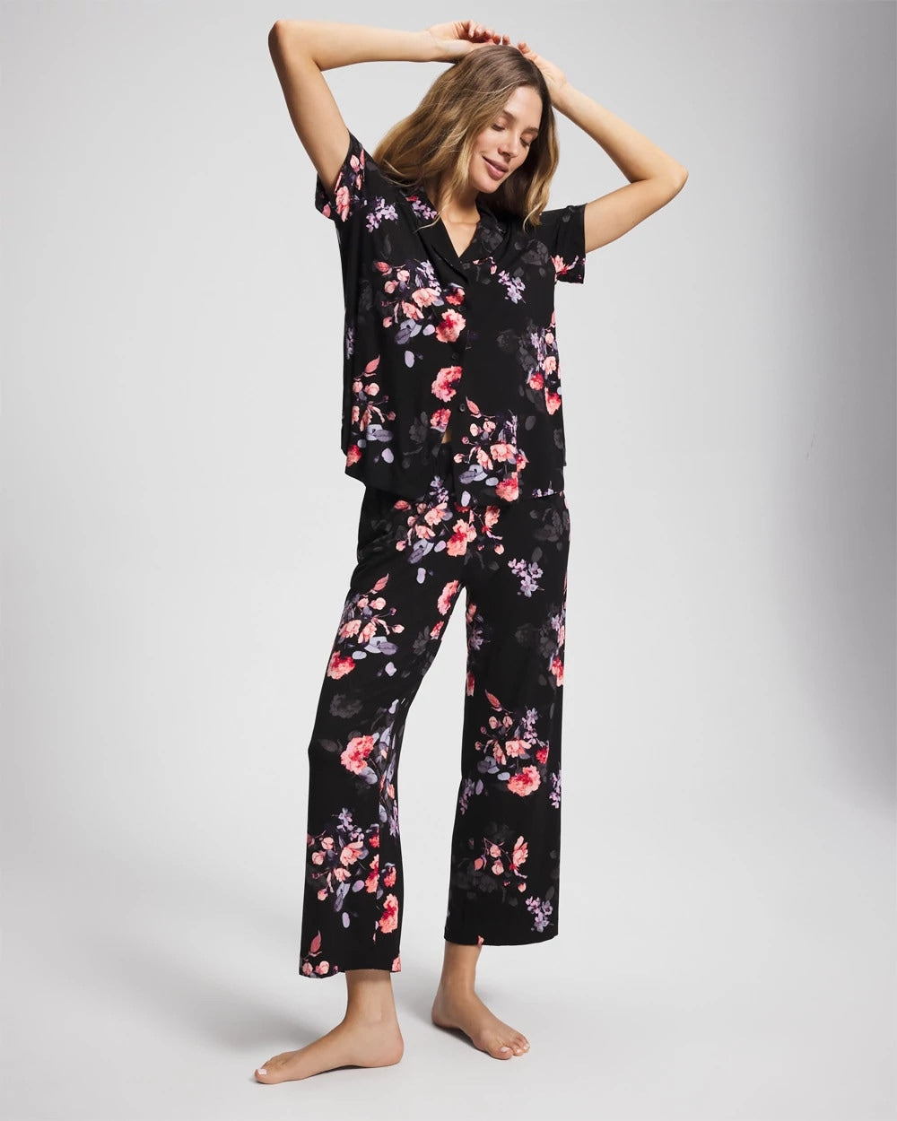 Short Sleeve Notch Collar Pajama Top - FLORAL DREAMS BLACK | Soma outlet