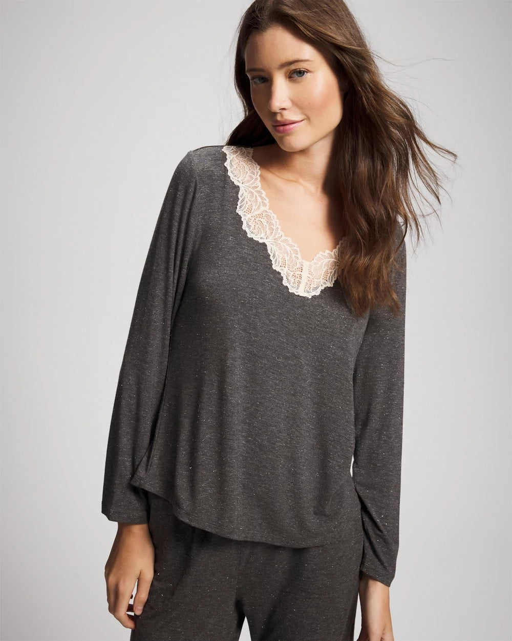 Lace Trim Long Sleeve Pajama Top - CHARCOAL HEATHER W/ SHINE | Soma for sale
