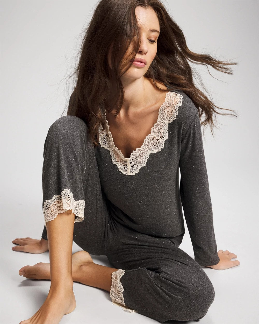 Lace Trim Long Sleeve Pajama Top - CHARCOAL HEATHER W/ SHINE | Soma for sale