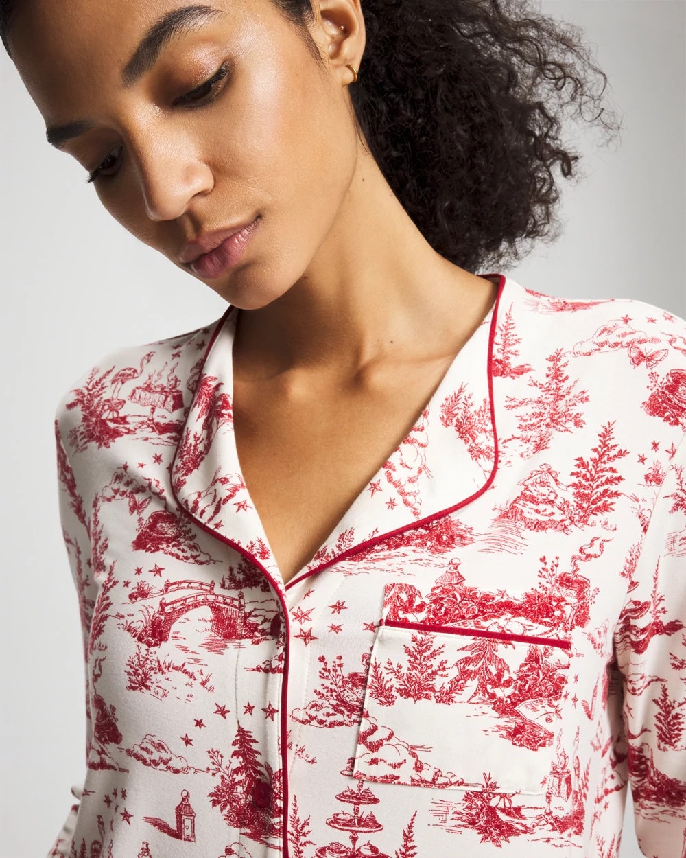 Piped Long-Sleeve Notch Pajama Top - ENCHANTED TOILE CHAMPAGNE | Soma near me