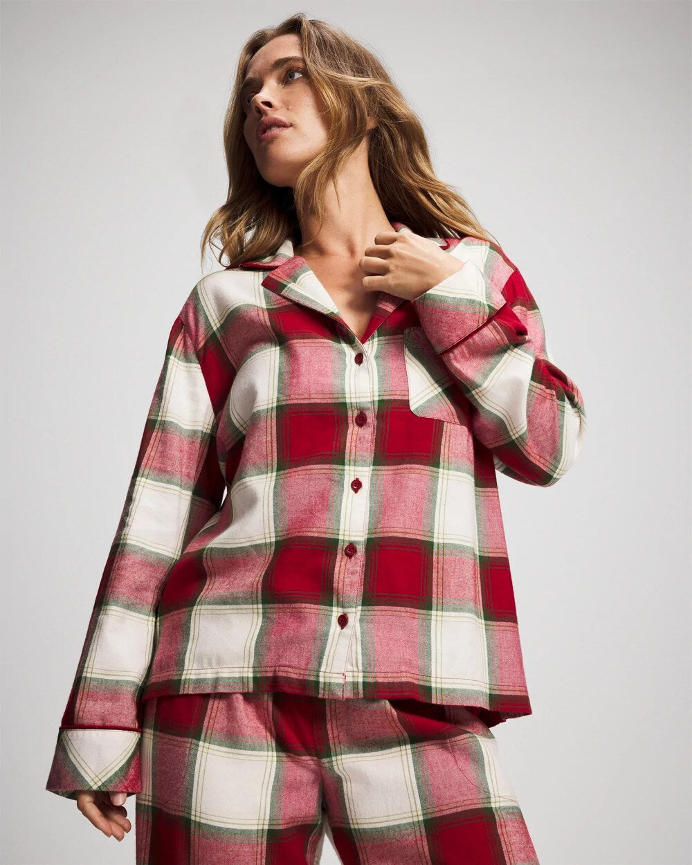 Long-Sleeve Notch Collar Pajama Top - WINTER PLAID RED | Soma Online