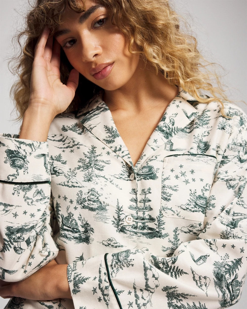 Long-Sleeve Notch Collar Pajama Top - ENCHANTED TOILE GREEN | Soma Online