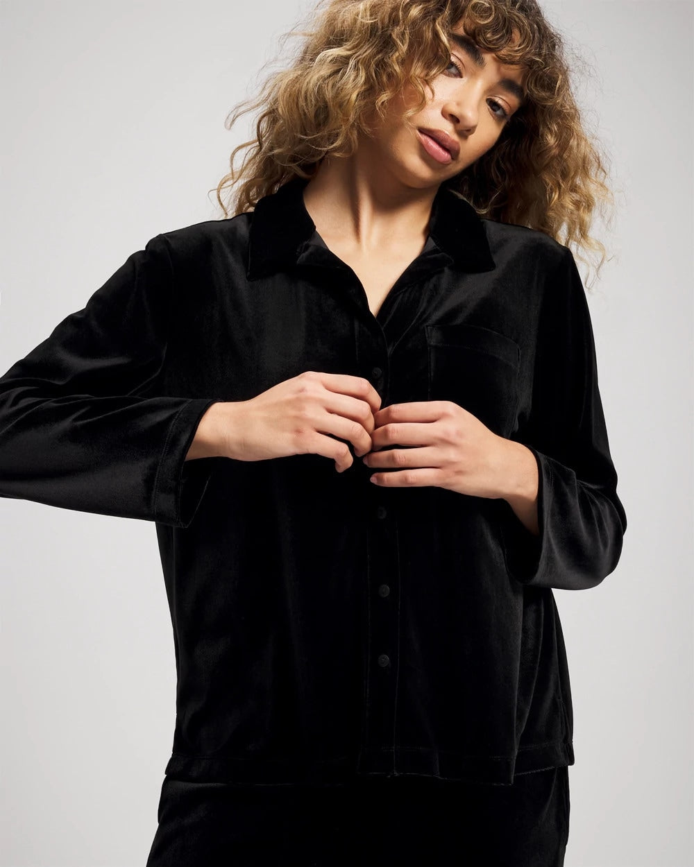 Velvet Long Sleeve Notch Collar Pajama Top - BLACK | Soma sale