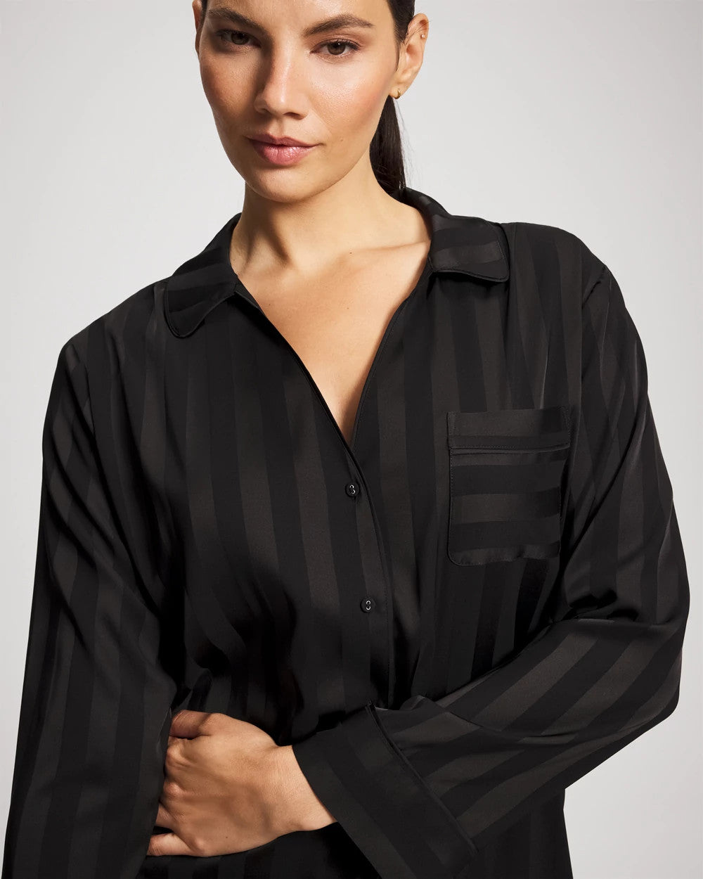 Shadow Stripe Long Sleeve Pajama Notch Collar Top - BLACK | Soma near me