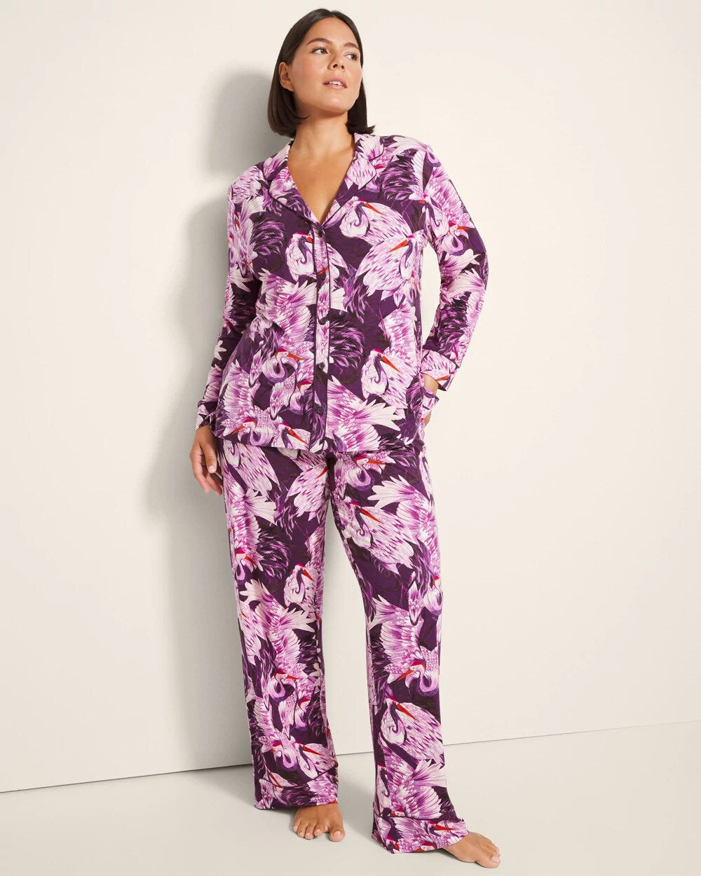 Long-Sleeve Printed Notch Collar Pajama Top - COURTING CRANES BLKBRY | Soma Online