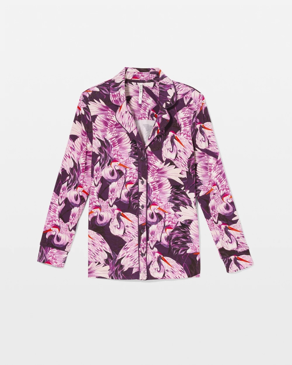 Long-Sleeve Printed Notch Collar Pajama Top - COURTING CRANES BLKBRY | Soma Online