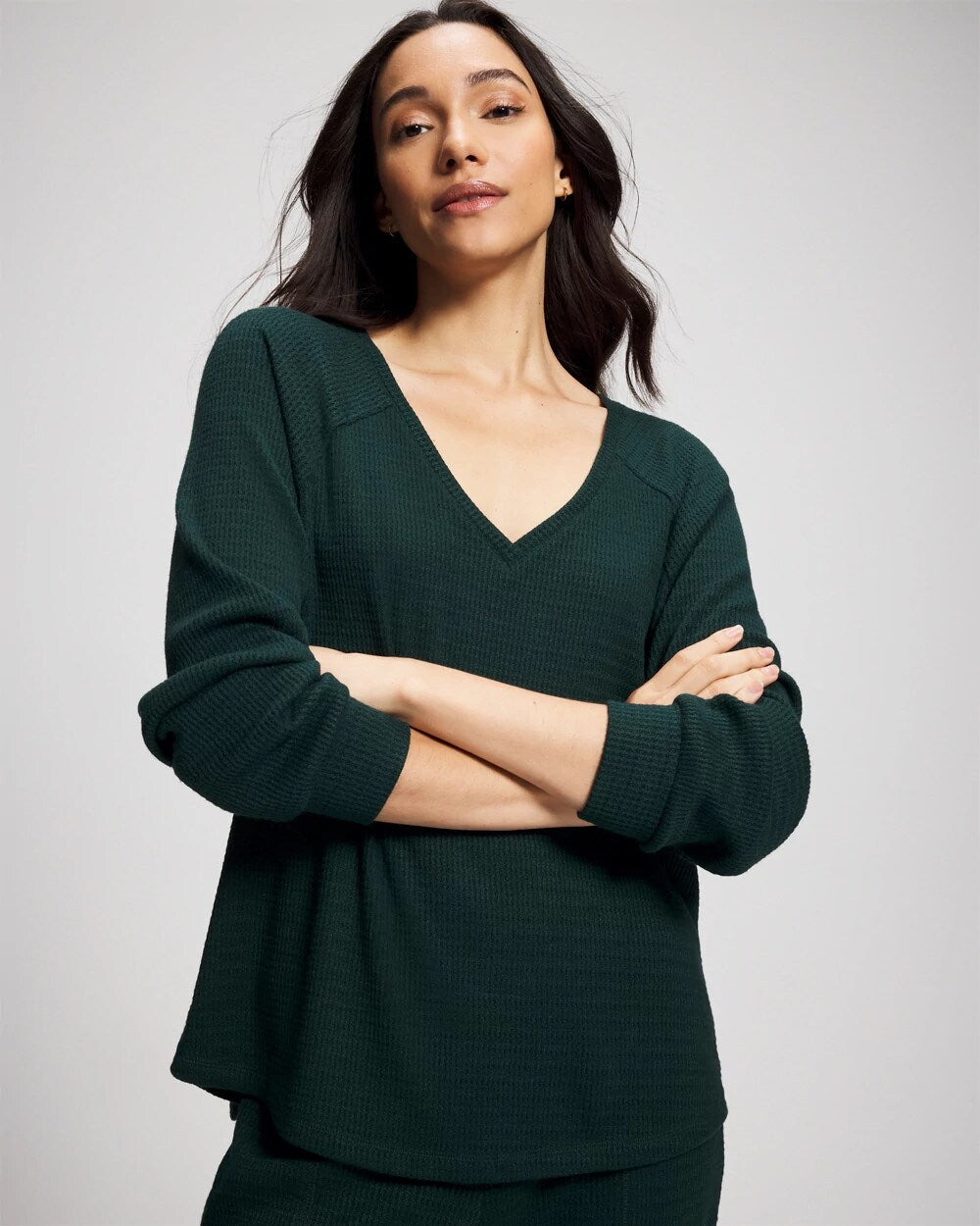 Cozy Waffle Long Sleeve V-Neck Pajama Top - GREEN JOLIE | Soma Online