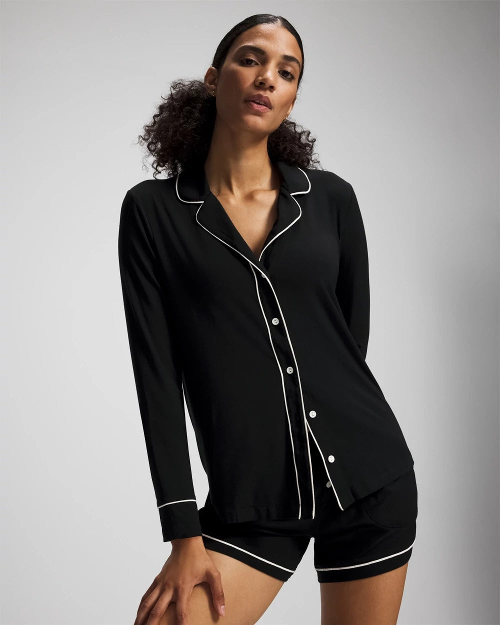 Long-Sleeve Notch Collar Pajama Top - BLACK | Soma discount