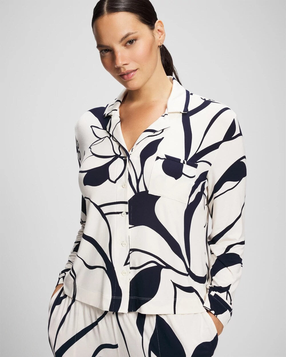 Long-Sleeve Notch Collar Pajama Top - NOUVEAU FLORA CHAMP | Soma Online