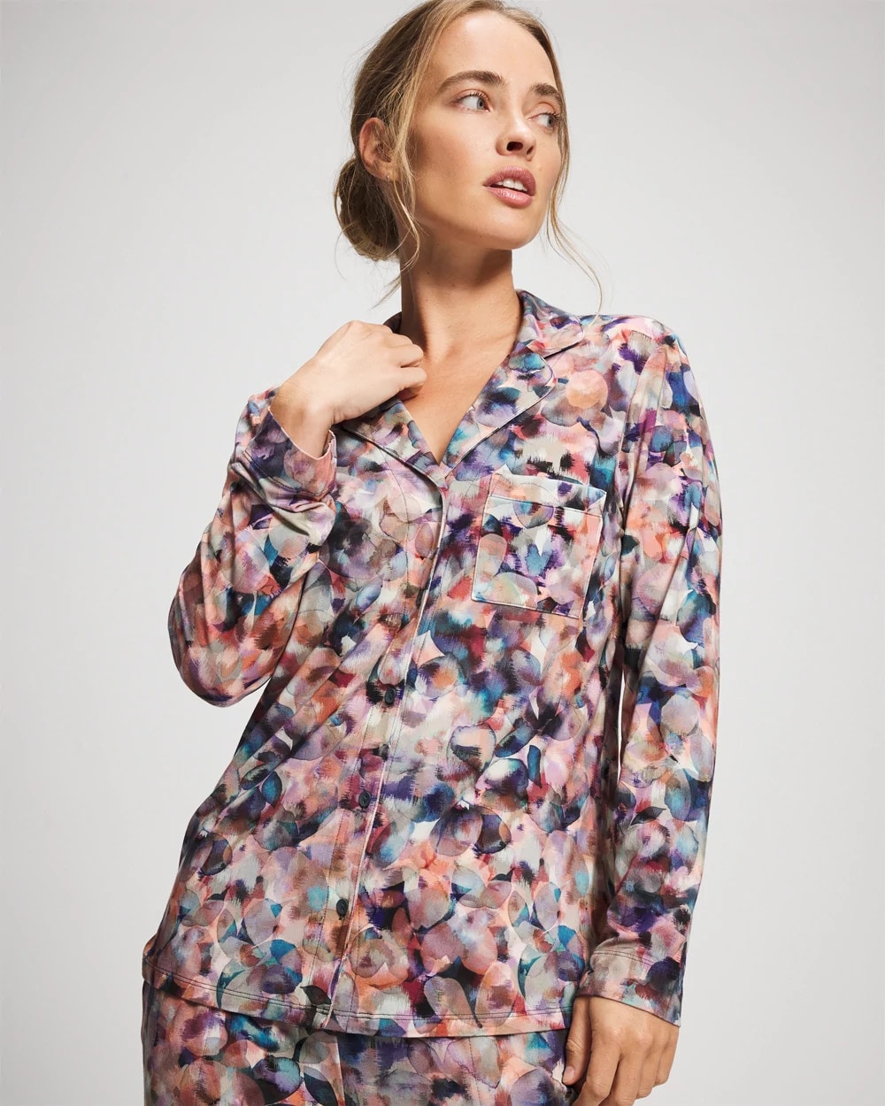 Long-Sleeve Notch Collar Pajama Top - PETAL MOSAIC PETROL | Soma on sale