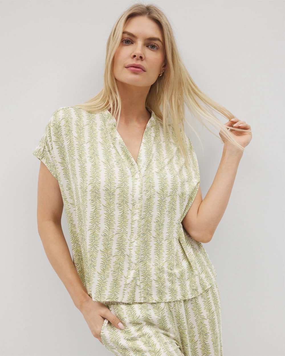 Mandarin Collar Short Sleeve Pajama Top - CHILL STRIPE CHAMPAGNE | Soma Online