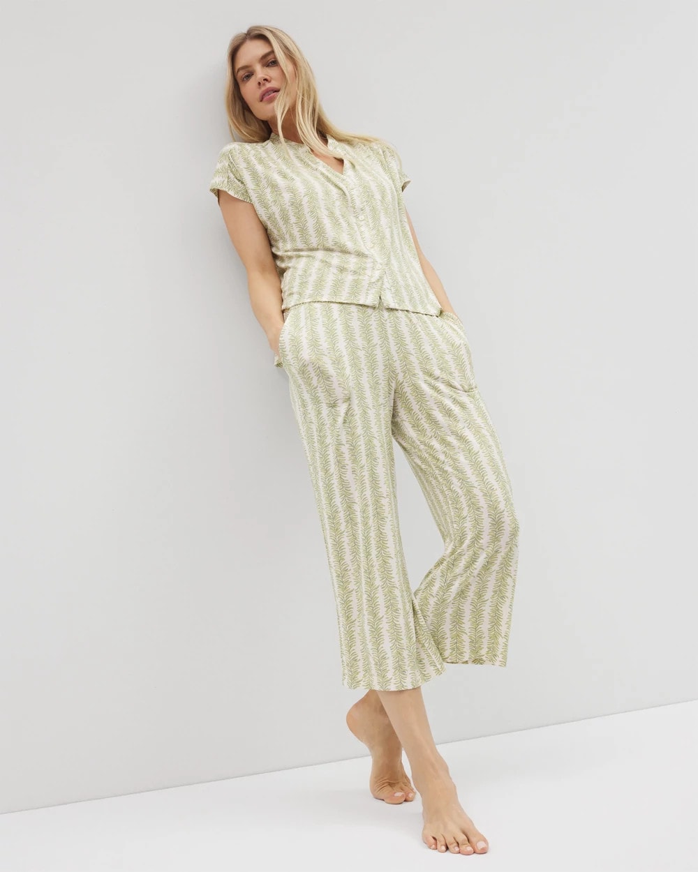 Mandarin Collar Short Sleeve Pajama Top - CHILL STRIPE CHAMPAGNE | Soma Online