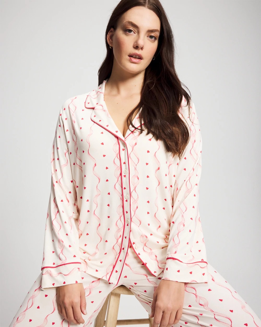 Cool Nights Long Sleeve Notch Collar with Piped Placket Pajama Top - COQUETTE VALENTINE CHAMP | Soma sale