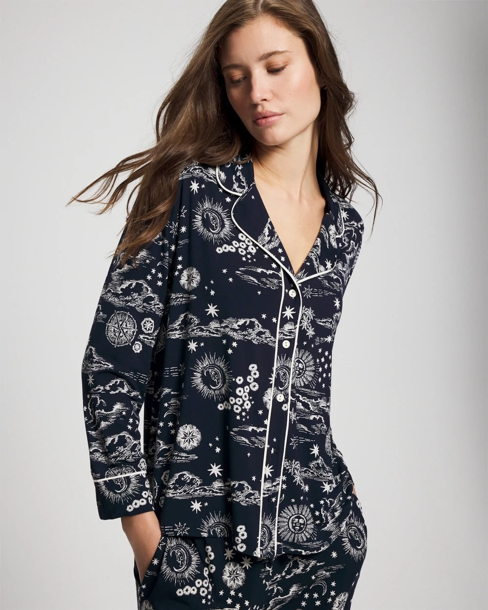 Cool Nights Long Sleeve Notch Collar with Piped Placket Pajama Top - COSMIC BALLET NAVY | Soma discount