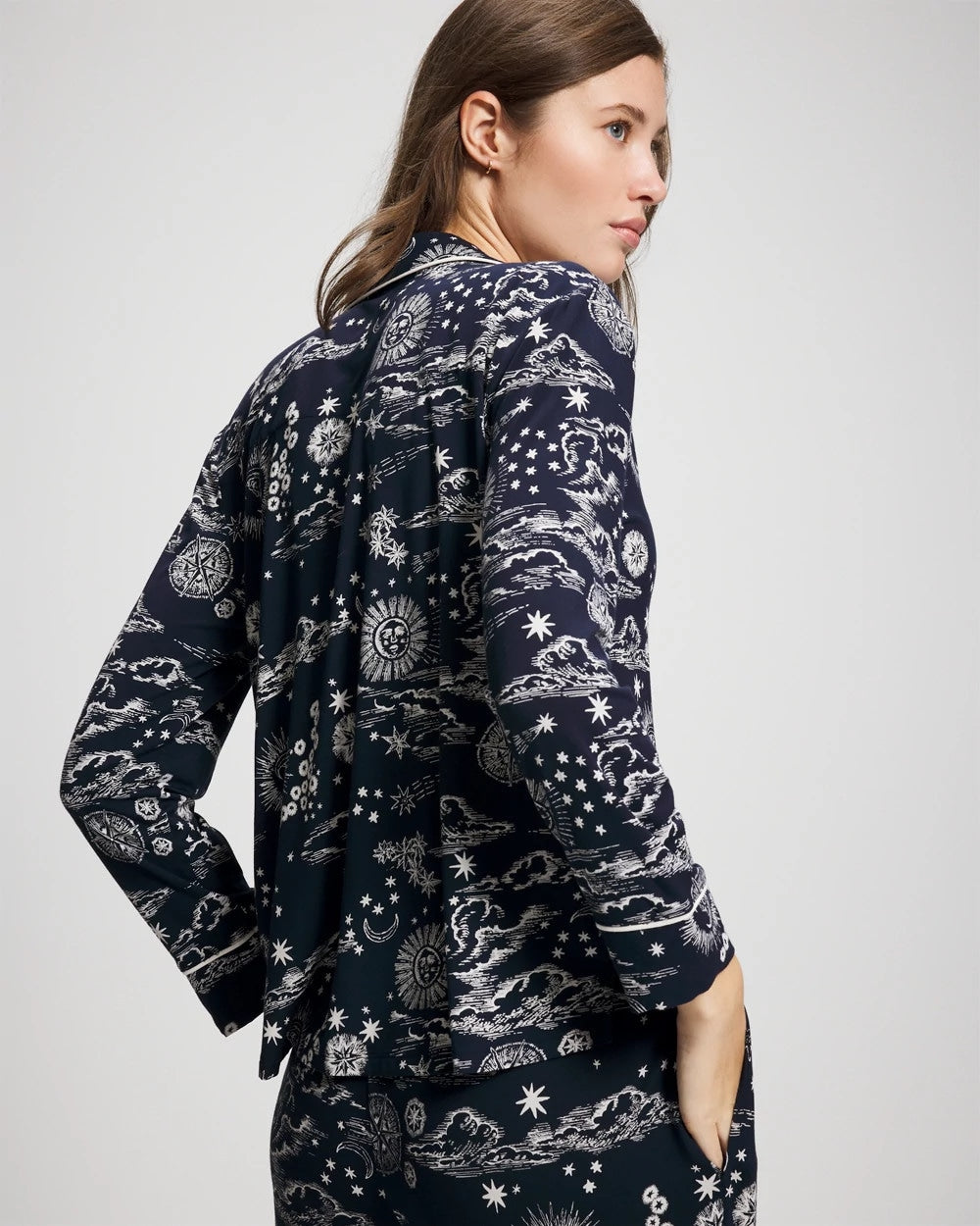 Cool Nights Long Sleeve Notch Collar with Piped Placket Pajama Top - COSMIC BALLET NAVY | Soma discount