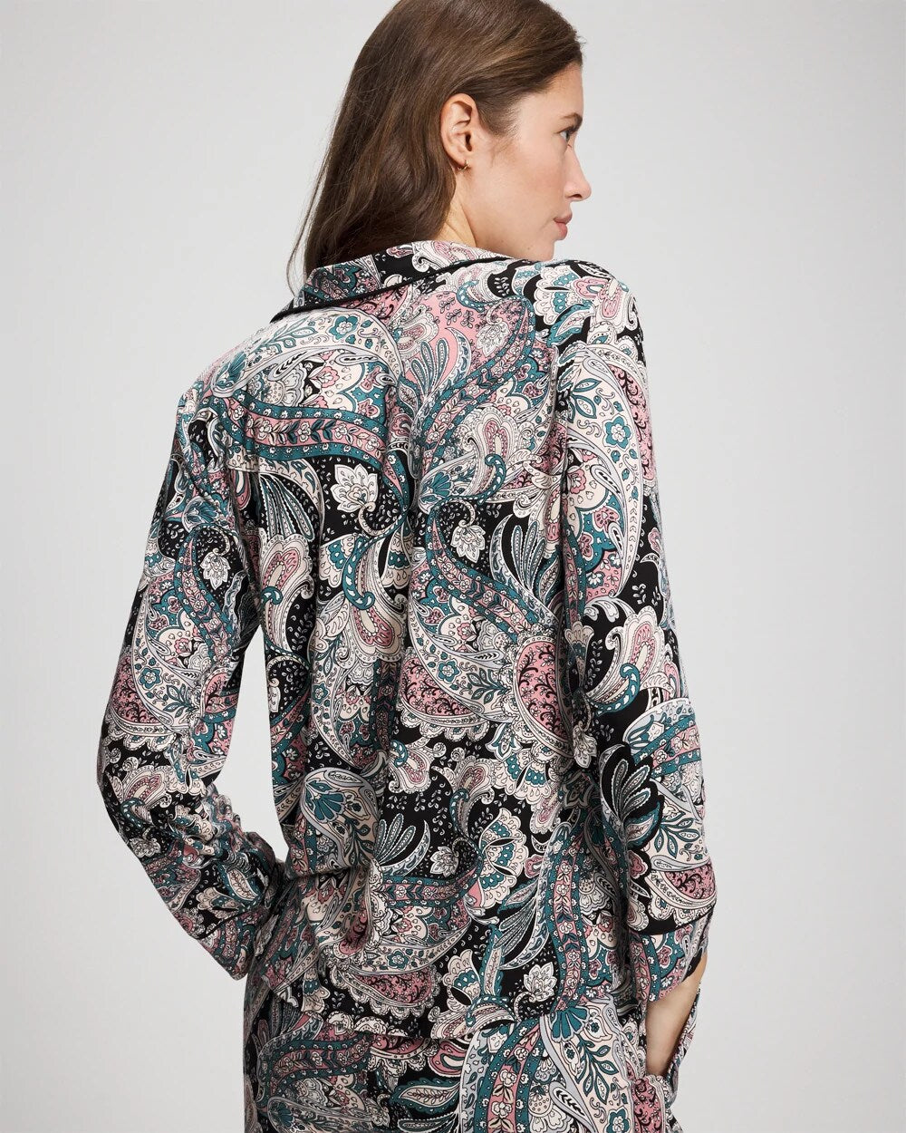 Cool Nights Long Sleeve Notch Collar with Piped Placket Pajama Top - REGAL PAISLEY BLACK | Soma outlet