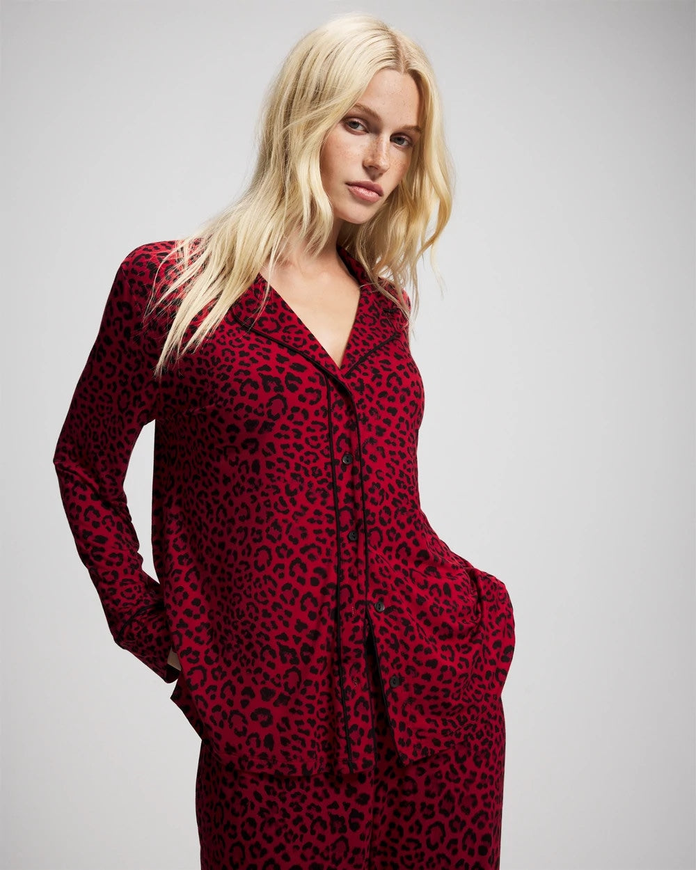 Cool Nights Long Sleeve Notch Collar with Piped Placket Pajama Top - FELINE PAINT THE TOWN RED | Soma near me