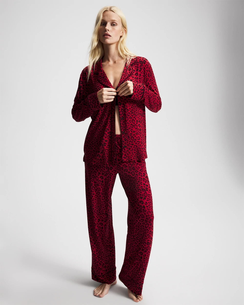 Cool Nights Long Sleeve Notch Collar with Piped Placket Pajama Top - FELINE PAINT THE TOWN RED | Soma near me