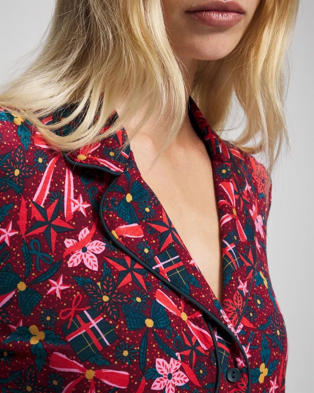 Cool Nights Long Sleeve Notch Collar with Piped Placket Pajama Top - HOLLY JOLLY RED VELVET | Soma for sale