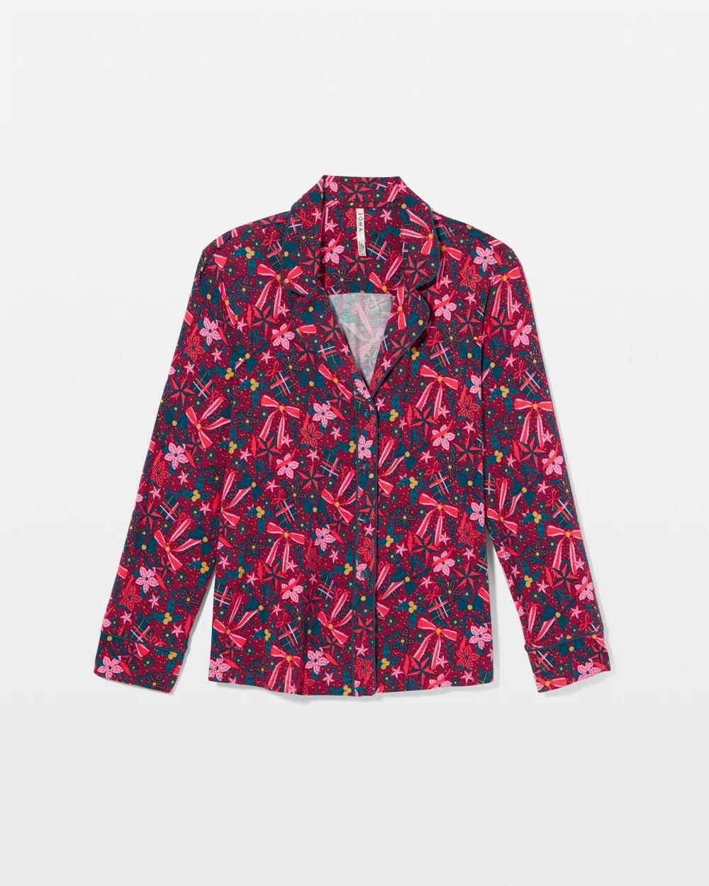 Cool Nights Long Sleeve Notch Collar with Piped Placket Pajama Top - HOLLY JOLLY RED VELVET | Soma for sale
