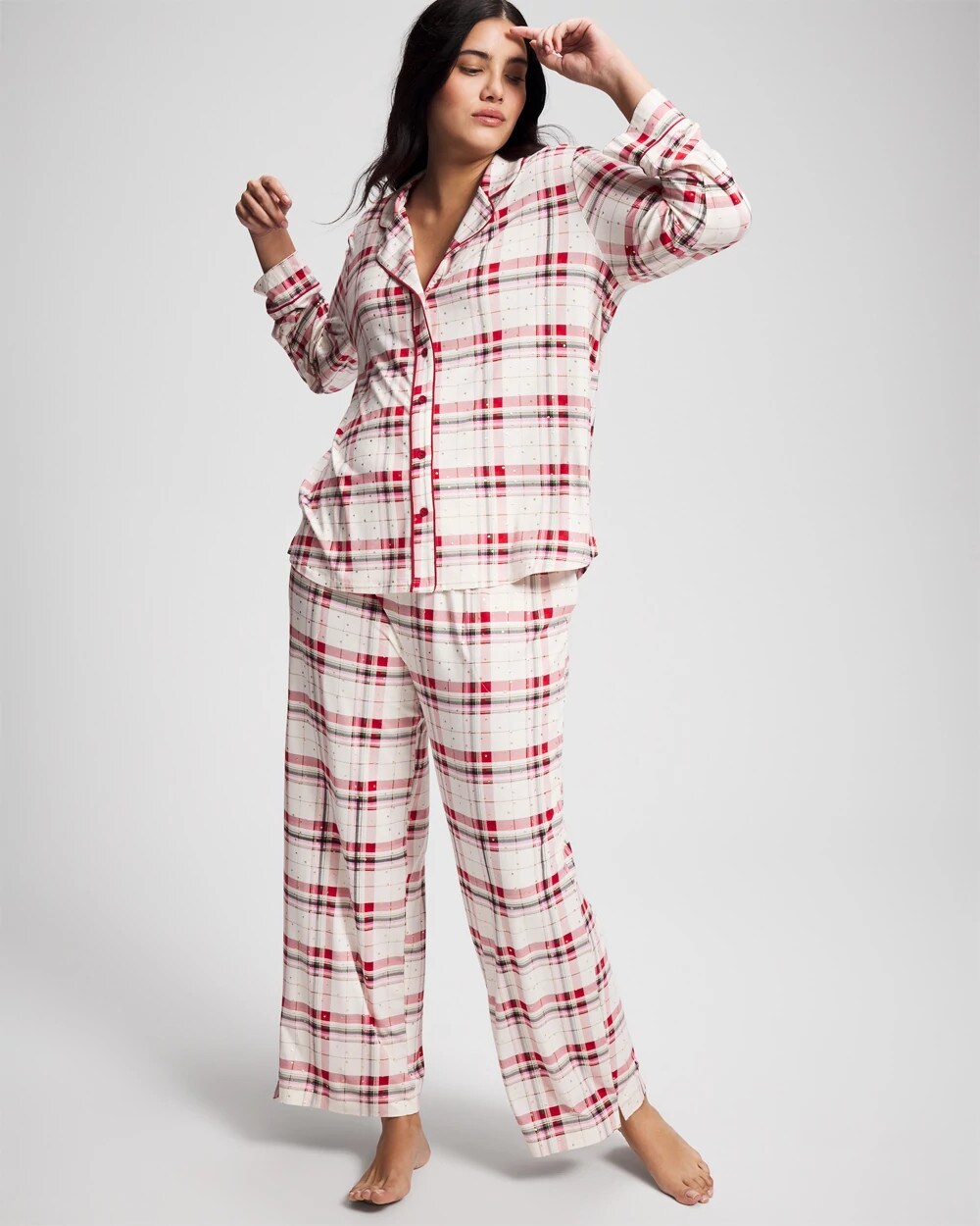 Cool Nights Long Sleeve Notch Collar with Piped Placket Pajama Top - TARTAN TEXTILE CHAMP | Soma on sale