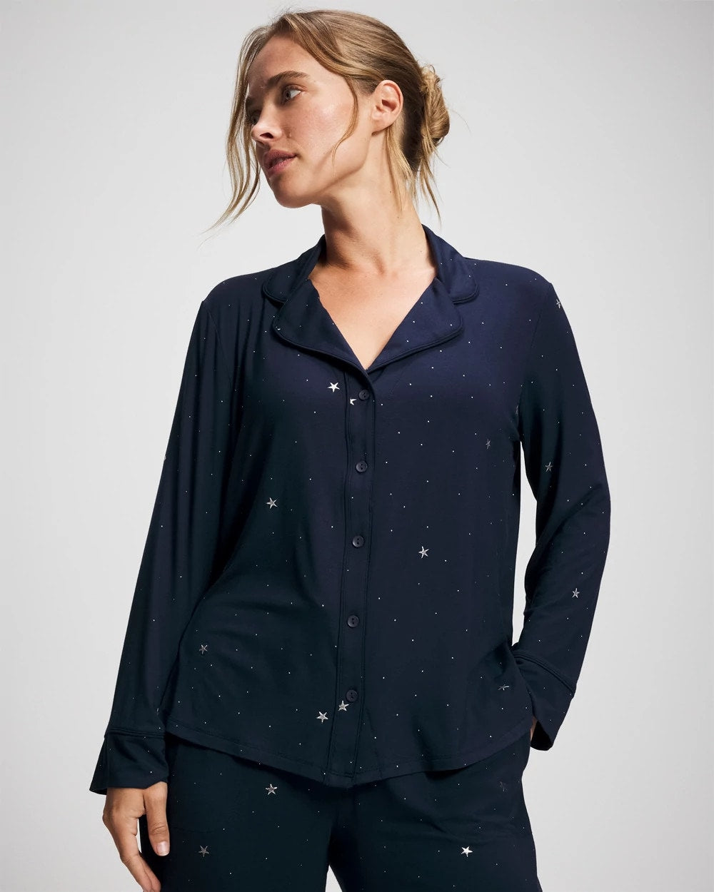 Cool Nights Long Sleeve Notch Collar with Piped Placket Pajama Top - SILVER DEW DROP/NAVY | Soma sale