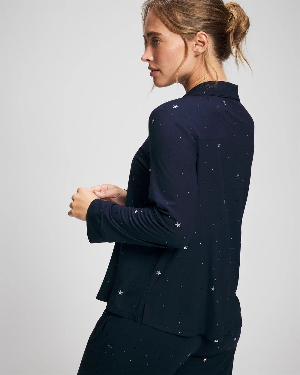 Cool Nights Long Sleeve Notch Collar with Piped Placket Pajama Top - SILVER DEW DROP/NAVY | Soma sale