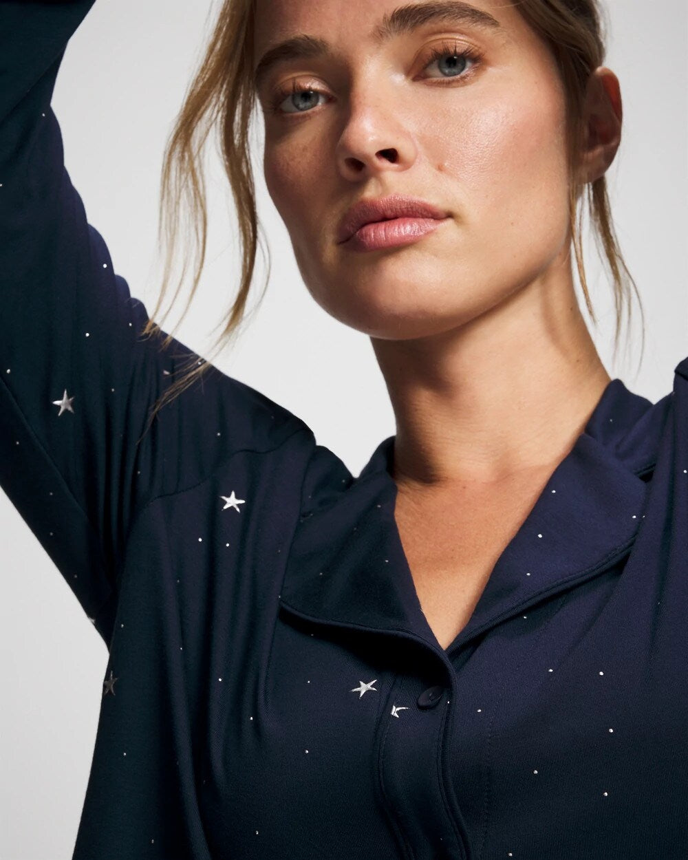 Cool Nights Long Sleeve Notch Collar with Piped Placket Pajama Top - SILVER DEW DROP/NAVY | Soma sale