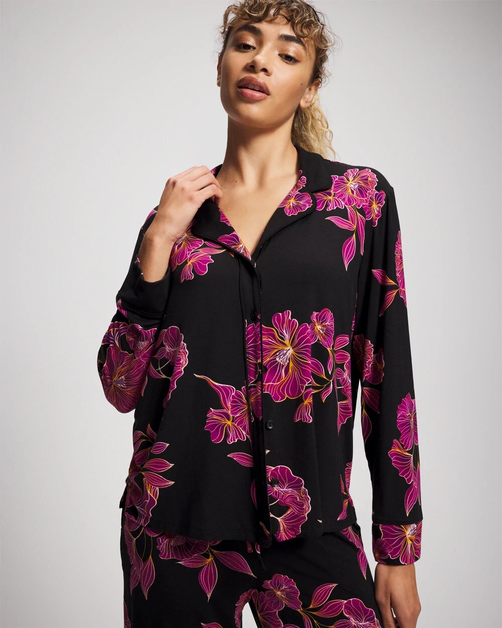 Cool Nights Long Sleeve Notch Collar with Piped Placket Pajama Top - GILDED BLOOMS MAGENTA | Soma discount