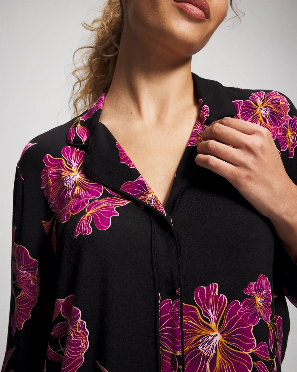 Cool Nights Long Sleeve Notch Collar with Piped Placket Pajama Top - GILDED BLOOMS MAGENTA | Soma discount