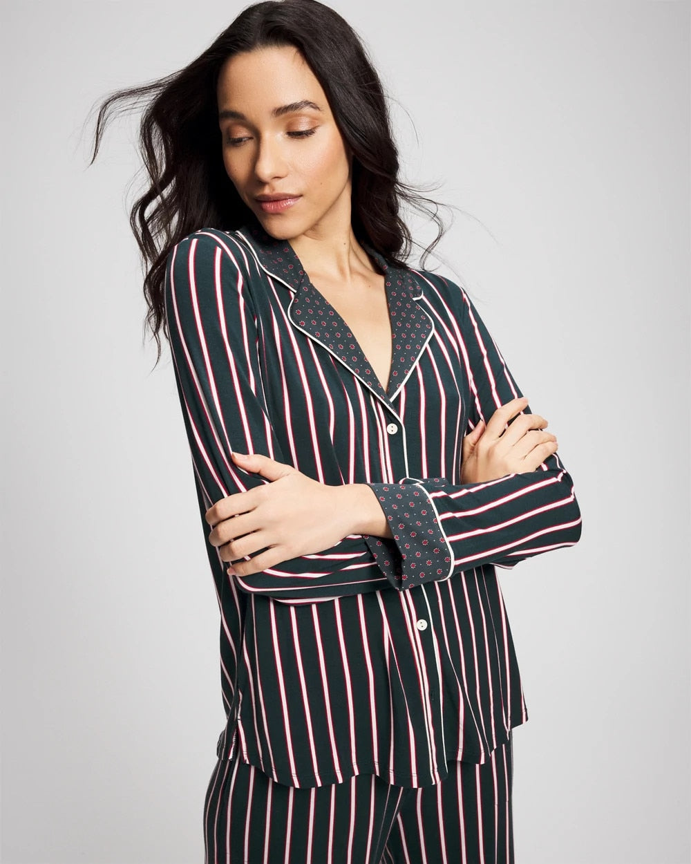 Cool Nights Long Sleeve Notch Collar with Piped Placket Pajama Top - MIDNIGHT STRIPE GREEN JOL | Soma Online