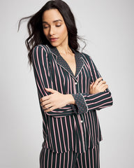 Cool Nights Long Sleeve Notch Collar with Piped Placket Pajama Top - MIDNIGHT STRIPE GREEN JOL | Soma Online