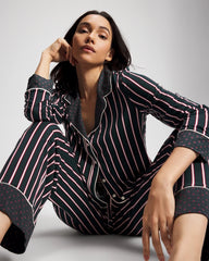 Cool Nights Long Sleeve Notch Collar with Piped Placket Pajama Top - MIDNIGHT STRIPE GREEN JOL | Soma Online