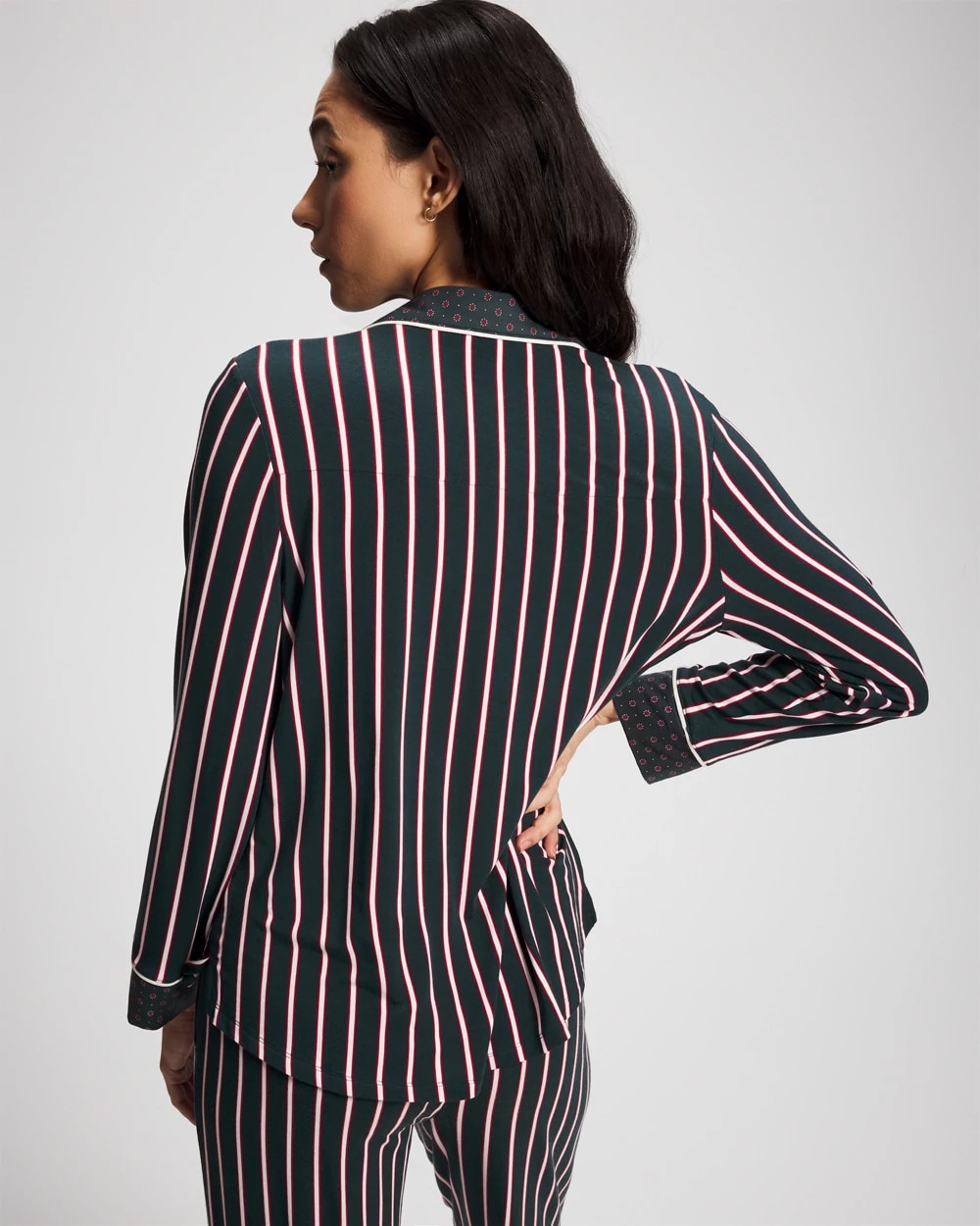 Cool Nights Long Sleeve Notch Collar with Piped Placket Pajama Top - MIDNIGHT STRIPE GREEN JOL | Soma Online