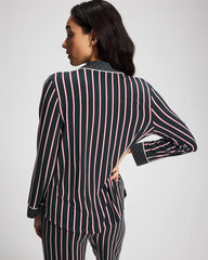 Cool Nights Long Sleeve Notch Collar with Piped Placket Pajama Top - MIDNIGHT STRIPE GREEN JOL | Soma Online