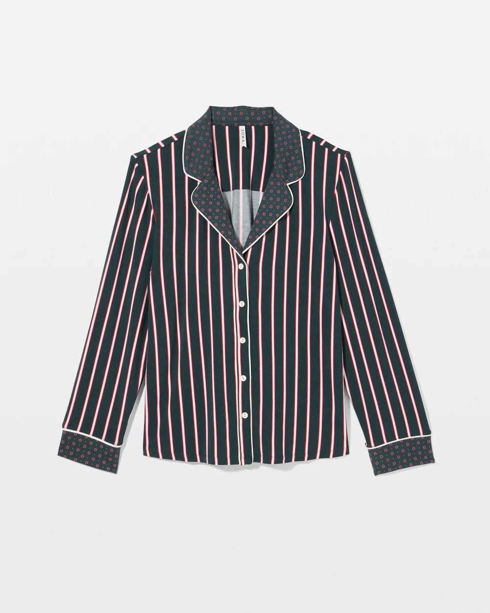 Cool Nights Long Sleeve Notch Collar with Piped Placket Pajama Top - MIDNIGHT STRIPE GREEN JOL | Soma Online