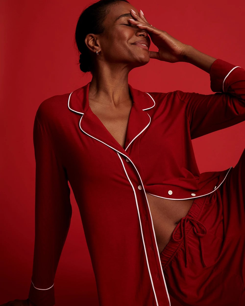 Long Sleeve Notch Collar w/ Piped Placket Pajama Top - PAINT THE TOWN RED | Soma for sale