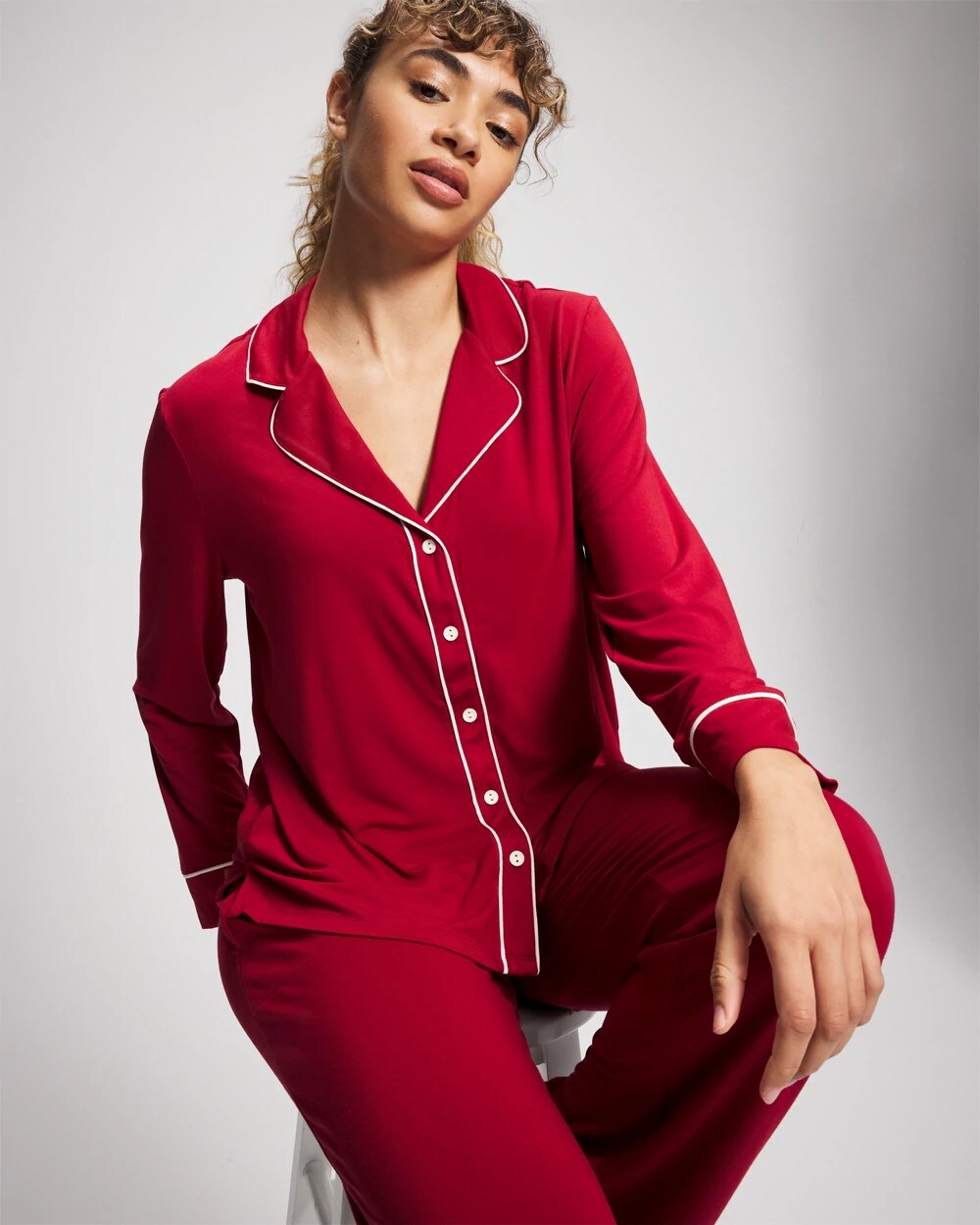 Long Sleeve Notch Collar w/ Piped Placket Pajama Top - PAINT THE TOWN RED | Soma for sale