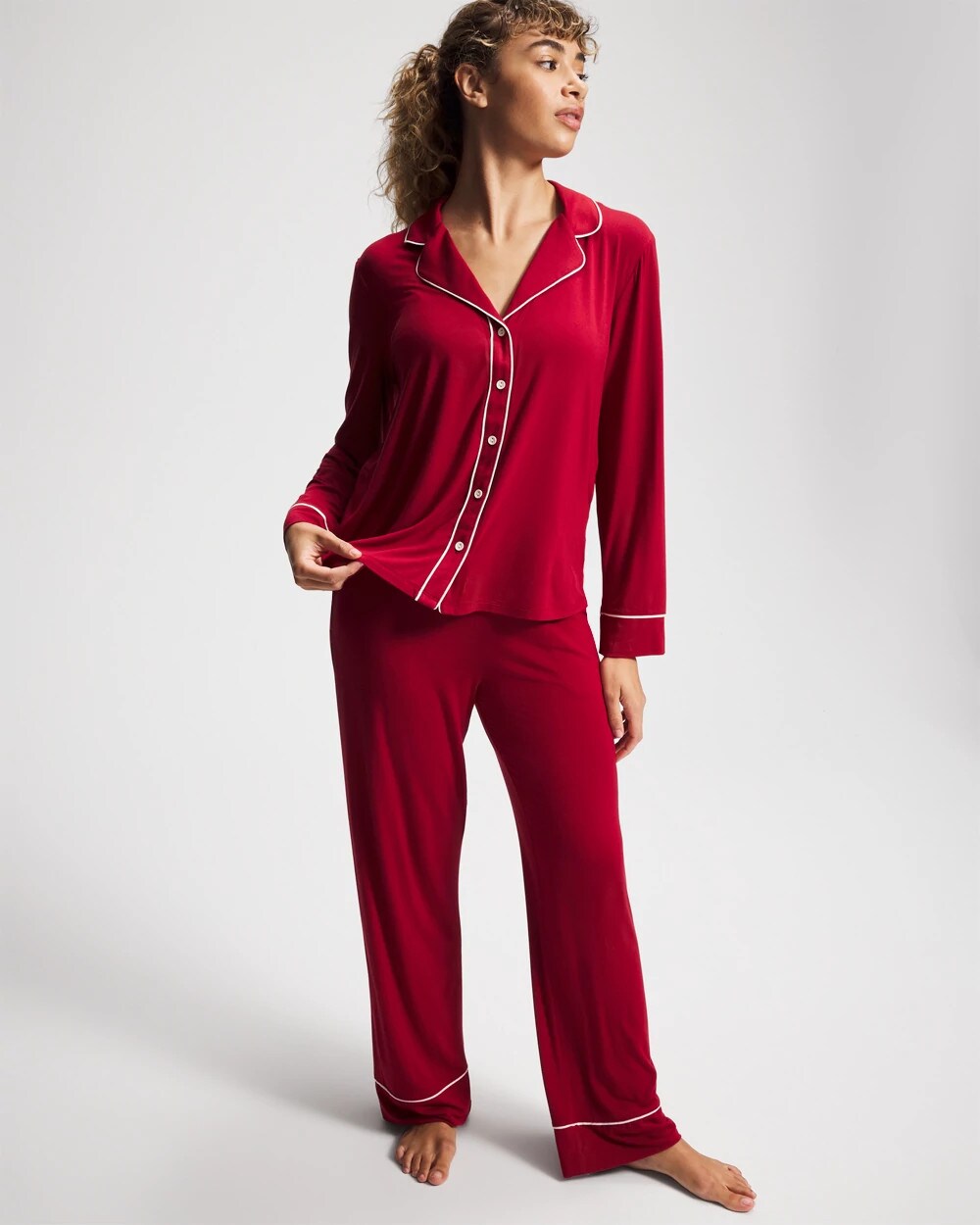 Long Sleeve Notch Collar w/ Piped Placket Pajama Top - PAINT THE TOWN RED | Soma for sale