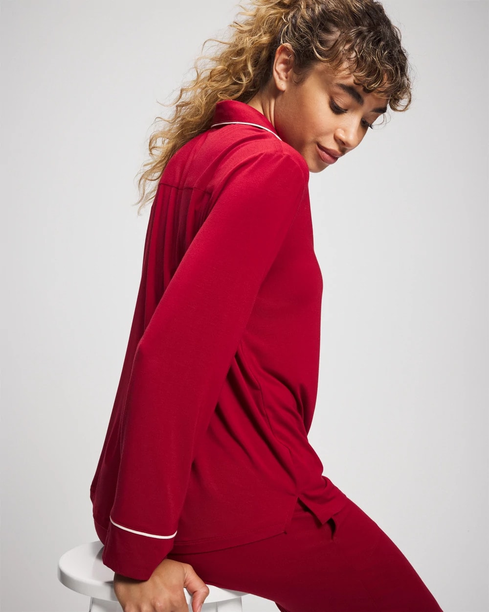 Long Sleeve Notch Collar w/ Piped Placket Pajama Top - PAINT THE TOWN RED | Soma for sale