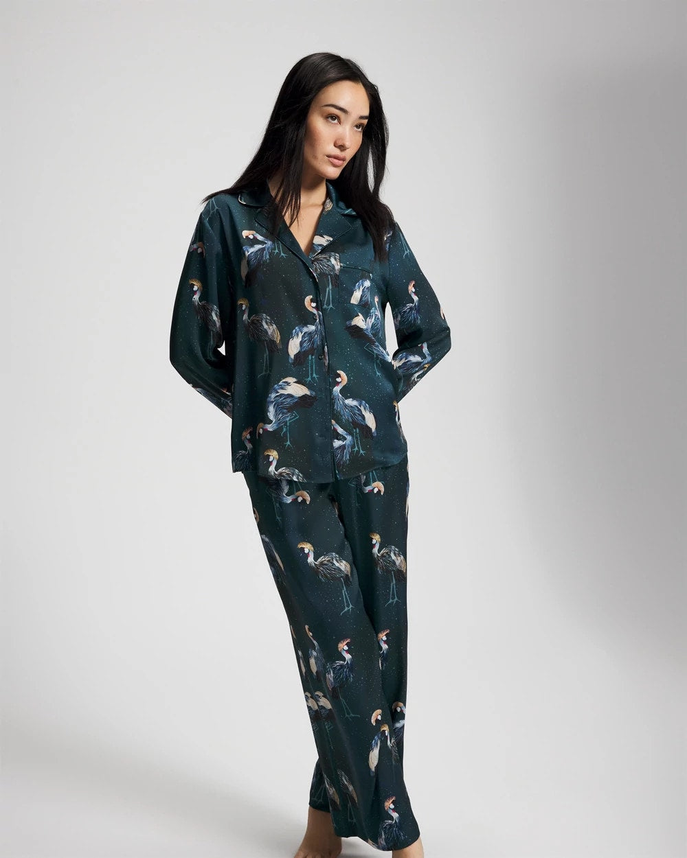Long Sleeve Notch Collar Pajama Top - MIDNIGHT CRANES BLUE | Soma outlet