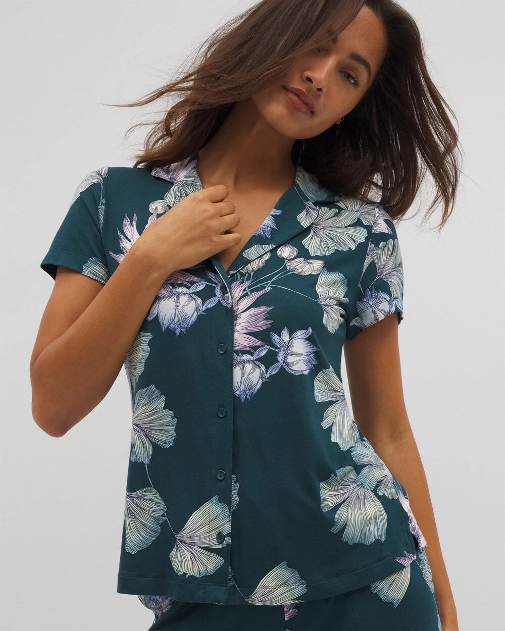 Short Sleeve Notch Collar Pajama Top - HAVEN BOTANICAL DARK SEA | Soma on sale