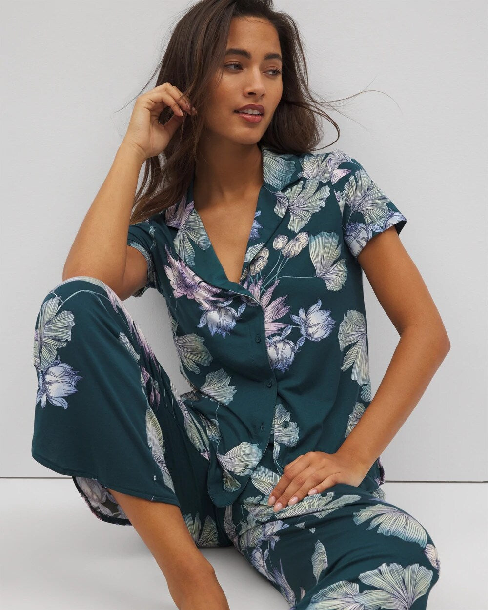 Short Sleeve Notch Collar Pajama Top - HAVEN BOTANICAL DARK SEA | Soma on sale