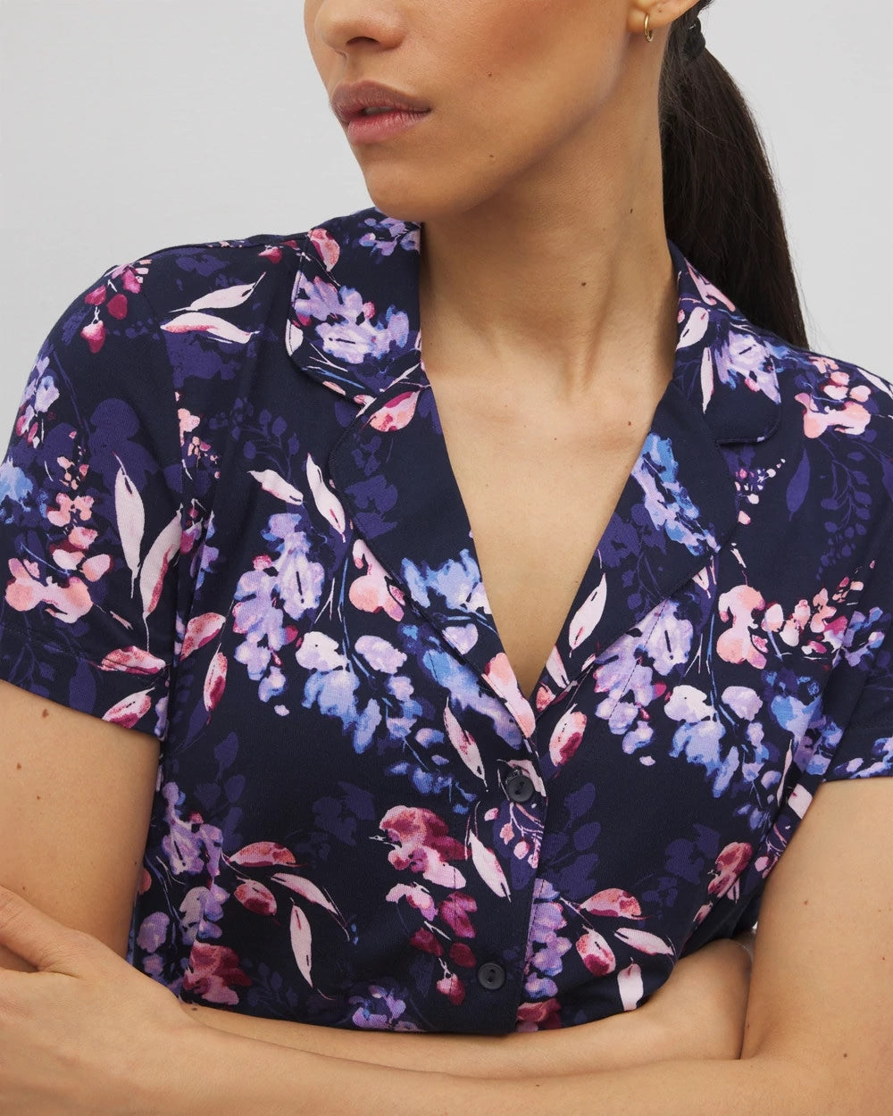 Short Sleeve Notch Collar Pajama Top - BLOOM BRIGHTLY NAVY | Soma discount