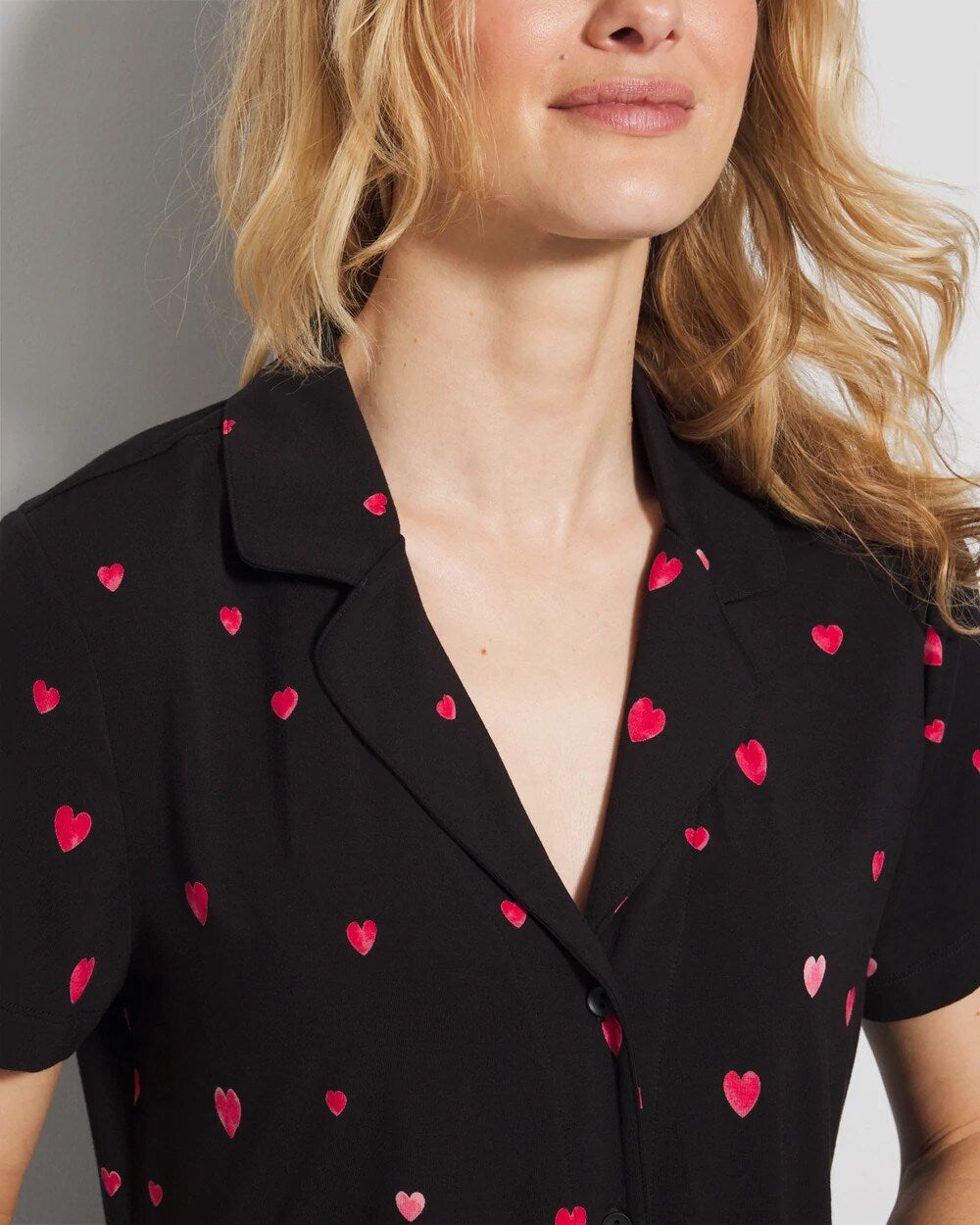 Short Sleeve Notch Collar Pajama Top - FLOATING HEARTS BLACK RED | Soma Online